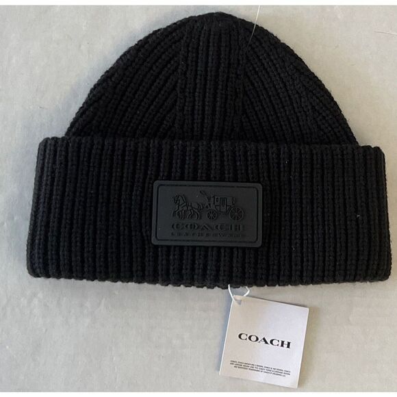 COACH CO100001C CLASSIC BLACK RIBBED TONAL PATCH CUFF BEANIE ONE SIZE NWT - Picture 1 of 8